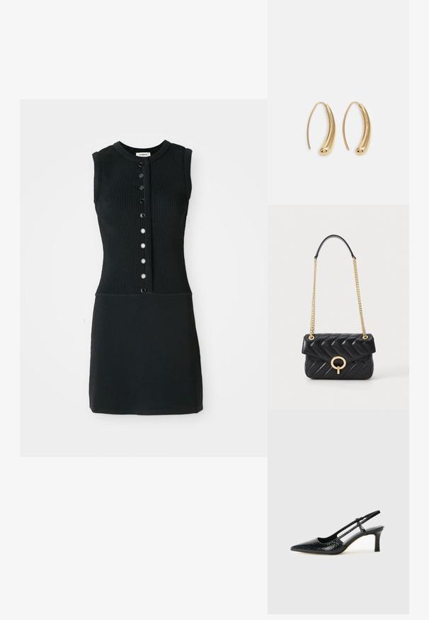Schwarzes, geripptes, ärmelloses Kleid mit rundem Ausschnitt, das mit einer Frontknopfleiste aus sechs schwarzen Knöpfen und einer figurnahen Silhouette ausgestattet ist.; Schwarze Lack-Slingback-Pumps mit spitzem Zehenbereich, versehen mit strukturiertem Schlangenprint, verstellbarem Riemen und einem kurzen, strukturierten Blockabsatz.; Schwarze, ge quiltete Lederhandtasche mit einem goldenen Kettenriemen, ausgestattet mit einem abgerundeten goldenen Beschlag und einem Klappverschluss. Kompakte rechteckige Form.; Goldfarbene Metall-Hoops mit einer geschwungenen, länglichen Form. Sie verfügen über eine glatte, glänzende Oberfläche und eine abgerundete Spitze für zusätzliche Details.