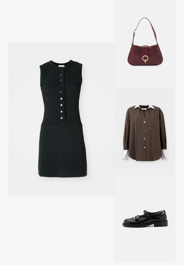 Zwart geribbelde gebreide mouwloze jurk met een ronde hals, voorzien van een voorde knoopsluiting met zes zwarte knopen en een getailleerde pasvorm.; Bruine en groene geruite overhemd met een witte kraag, lange mouwen, knoopsluiting aan de voorkant en één borstzak; heeft een subtiele textuur en een ronde zoom.; Zwarte leren schoenen met brogue-details, voorzien van twee gespsluitingen, een ronde neus en een lage hak. Glad oppervlak met een glanzende afwerking.; Bordeaux leren handtas met een gebogen vorm, een gouden cirkelvormige hardware accent en een enkele schouderband. Zachte textuur, minimalistisch ontwerp.