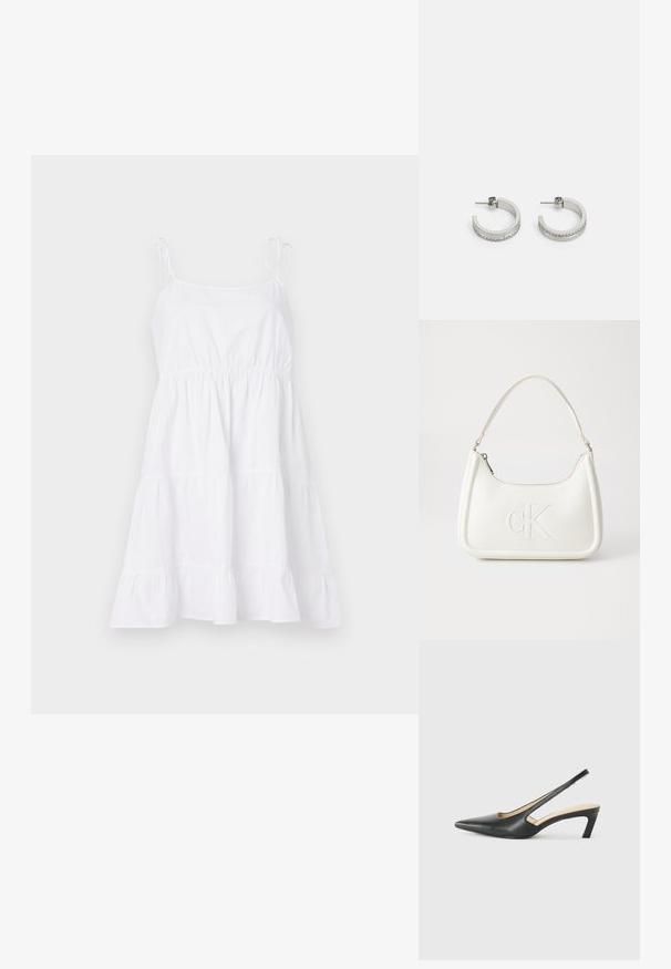 Balta medvilninė saulės suknelė su plonais petnešėlėmis, prilipusiu liemeniu ir kelių sluoksnių sijonu. Audinys lygus, su lengva, erdvia tekstūra.; Juodas smailus slingback batelis su žemu kulnu, pagamintas iš lygaus odos paviršiaus ir su išpjovomis šone, užtikrinančiomis oro pralaidumą.; Balta odinė rankinė su išlenkta forma, su reljefiniu "CK" logotipu priekyje ir viena petneša. Užtrauktuko uždarymas viršuje.; Sidabrinės auskarų kilpos, turinčios lygų paviršių ir eilę mažų skaidrių akmenukų palei apatinį kraštą, su užsegimu ant smeigtuko.