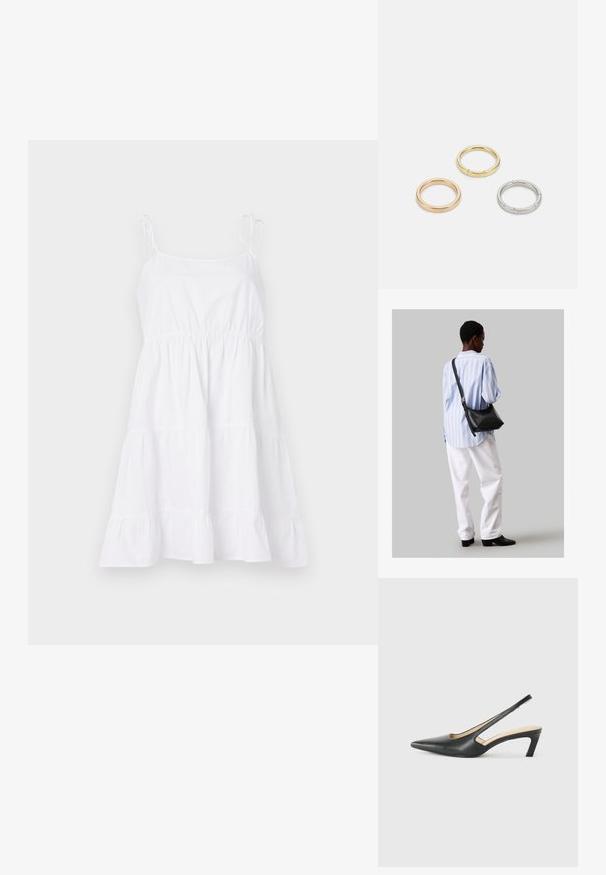 Balta medvilninė saulės suknelė su plonais petnešėlėmis, prilipusiu liemeniu ir kelių sluoksnių sijonu. Audinys lygus, su lengva, erdvia tekstūra.; Juodas smailus slingback batelis su žemu kulnu, pagamintas iš lygaus odos paviršiaus ir su išpjovomis šone, užtikrinančiomis oro pralaidumą.; Juodas odinis petinis krepšys su minkšta tekstūra, trikampiu pavidalu ir reguliuojama juosta, derinamas su šviesiai mėlynu dryžuotu marškinėliu ir baltais džinsais.; Trys metalinės žiedai: vienas rožinės aukso, vienas auksinis su tekstūruotais akcentais ir vienas sidabrinis, visi su įmintu ženklinimu vidinėje juostoje.