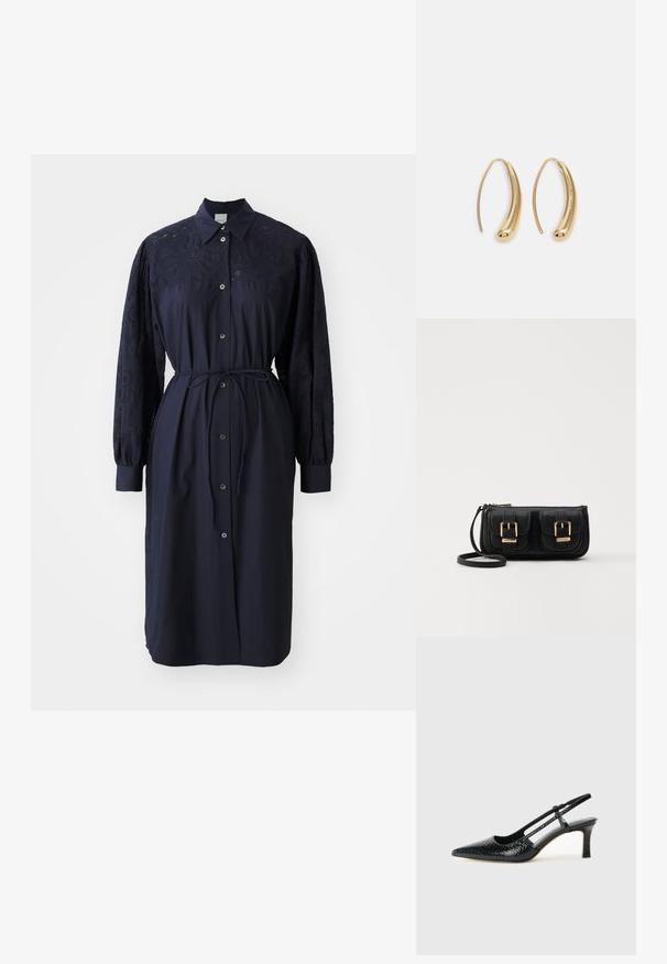Navy blue long-sleeve dress, featuring a collared neck, button-down front, and textured embroidered fabric on sleeves, with a waist tie.; Black patent slingback heel with a pointed toe, featuring textured snake print, adjustable strap, and a short, textured block heel.; Black leather crossbody bag with two front pockets, gold buckles, zipper closure, and a slim strap. Textured surface and compact rectangular shape.; Gold-tone metal hoop earrings with a curved, elongated shape. Features a smooth, shiny surface and a rounded tip for added detail.