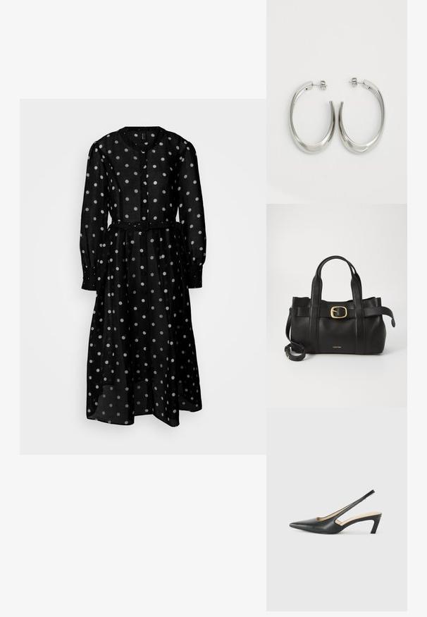 Schwarzes langärmliges Kleid aus durchsichtigem Stoff, mit weißen Punkten, einer durchgehenden Knopfleiste und einer taillierten Taille für eine definierte Silhouette.; Schwarzer spitz zulaufender Slingback-Schuh mit niedrigem Absatz, der aus glattem Leder gefertigt ist und seitliche Ausschnitte für Atmungsaktivität aufweist.; Schwarze Lederhandtasche mit strukturiertem Design, doppelten oberen Griffen, goldfarbenem Schnallenakzent und geprägtem Markenlogo auf der Vorderseite.; Silberne Creolen mit einem glatten, geschwungenen Design. Mit einem glänzenden metallischen Finish und Steckverschluss. Keine sichtbaren Muster oder Akzente.