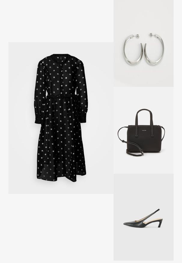Czarna sukienka z długimi rękawami, wykonana z przezroczystego materiału, z białymi kropkami, zapinana na guziki z przodu i z paskiem w talii, podkreślająca sylwetkę.; Czarny but na obcasie typu slingback z ostro zakończonym noskiem, z niskim obcasem, wykonany z gładkiej skóry, z wycięciem po boku dla lepszej wentylacji.; Czarna torebka z dwoma krótkimi uchwytami i odpinanym paskiem na ramię. Gładki materiał przypominający skórę, z zamkiem błyskawicznym i detalem z logo.; Srebrne kolczyki-hoop o gładkim, zakrzywionym designie. Posiadają błyszczące metaliczne wykończenie i zapięcie na sztyft. Brak widocznych wzorów lub akcentów.