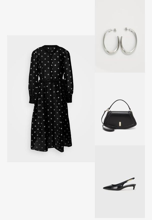 Zwart langekleding met lange mouwen van doorzichtig materiaal, voorzien van witte stippen, een knoopsluiting aan de voorkant en een ceintuur in de taille voor een gedefinieerde silhouet.; Zwarte leren slingback hakken met een spitse neus, voorzien van een slanke hak en een goudkleurige accent op de verstelbare band. Gladde textuur.; Zwarte leren handtas met een gestructureerd ontwerp, featuring een verkorte vorm, bovenhandvat en gouden hardwareaccent. Inclusief verstelbare schouderband.; Zilveren oorringen met een gladde, gebogen vorm. Voorzien van een glanzende metallic afwerking en studsluiting. Geen zichtbare patronen of accenten.