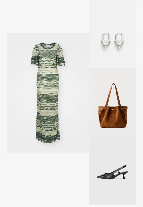 Maxikleid mit grünen und beigen Wellenmustern, kurzen Puffärmeln und rundem Ausschnitt. Hergestellt aus einem weichen, strukturierten Stoff.; Schwarzer Leder-Slingback-Schuh mit spitz zulaufender Zehenpartie, dekorativen Riemen mit METALLÖSEN und niedrigem Blockabsatz. Strukturelle Oberfläche.; Braune Wildleder-Umhängetasche mit zwei Griffen, einem Knopfverschlussriemen und einer entspannten, leicht schlaffen Form.; Silberne herzförmige Vorhängeschlösser mit eingravierten "JA"- und "NEIN"-Texten, polierte Oberfläche, symmetrisches Design und einem robusten Metallverschluss.