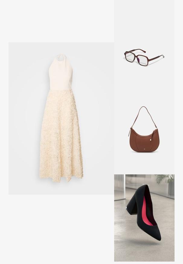 Jarlo DAVINIA - Společenské šaty - champagne; Černá vysoká podpatková bota s špičatou špičkou, texturovaným povrchem a živým růžovým interiérem. Obsahuje masivní podpatek se stříbrným akcentem.; Hnědé, obdélníkové brýle s průhlednými skly a fialovými odstíny. Hladký plastový rám s rovnými nohami a jemnými akcenty.; Hnědá kabelka přes rameno z umělé kůže s zakřiveným tvarem, minimálním prošíváním a zlatým kovovým akcentem. Disponuje vrchním zipovým uzavíráním a nastavitelným popruhem.