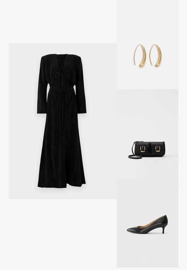 Robe noire à manches longues en daim doux avec un corsage ajusté, un design à l'avant ouvert et un accent noué à la taille, se déversant en une jupe évasée.; Pompe noire en cuir avec un embout pointu, un petit talon et une texture lisse. Présente une légère ouverture à l'avant et un matériel minimal à l'arrière.; Sac en cuir noir porté en travers avec deux poches avant, boucles dorées, fermeture zippée et une sangle fine. Surface texturée et forme rectangulaire compacte.; Boucles d'oreilles en métal doré en forme d'anneau, avec une forme courbée et allongée. Elles présentent une surface lisse et brillante avec une pointe arrondie pour un détail supplémentaire.