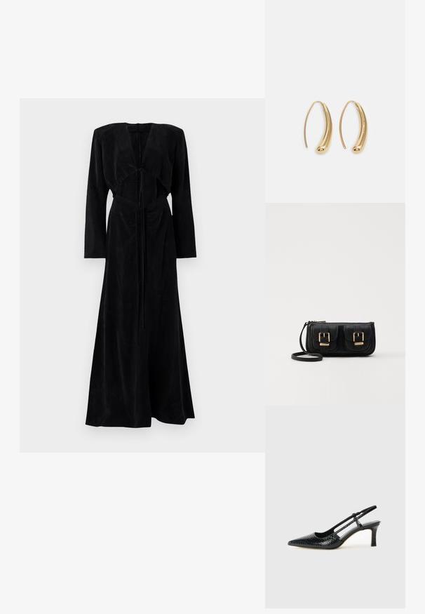 Robe noire à manches longues en daim doux avec un corsage ajusté, un design à l'avant ouvert et un accent noué à la taille, se déversant en une jupe évasée.; Escarpin slingback en vernis noir avec un bout pointu, présentant un imprimé serpent texturé, une sangle réglable et un petit talon bloc texturé.; Sac en cuir noir porté en travers avec deux poches avant, boucles dorées, fermeture zippée et une sangle fine. Surface texturée et forme rectangulaire compacte.; Boucles d'oreilles en métal doré en forme d'anneau, avec une forme courbée et allongée. Elles présentent une surface lisse et brillante avec une pointe arrondie pour un détail supplémentaire.