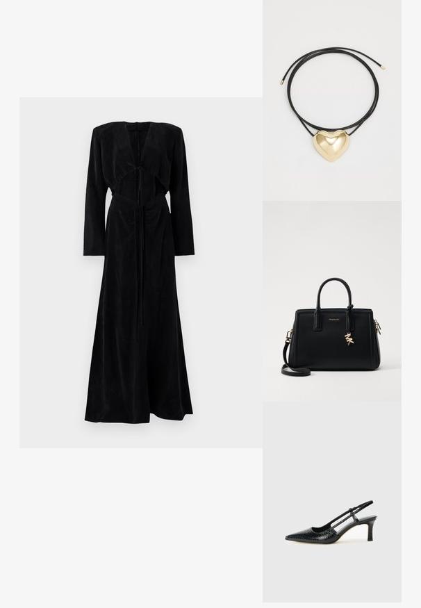 Svart langermet kjole i myk semsket skinn med tettsittende overdel, åpen frontdesign og knyttet detalj i midjen, som flyter ut i en full skjørt.; Sorte patent slingback hæl med spids tå, featuring tekstureret slangeskind, justerbar rem og en kort, tekstureret blokhæl.; Svart skinnhåndveske med strukturert design, doble topphåndtak, avtakbar skulderrem, gullfarget hardware og en logo-detalj.; Svart flettet snorhalskjede med en polert gullhjerteanheng med glatte kurver og en blank overflate.