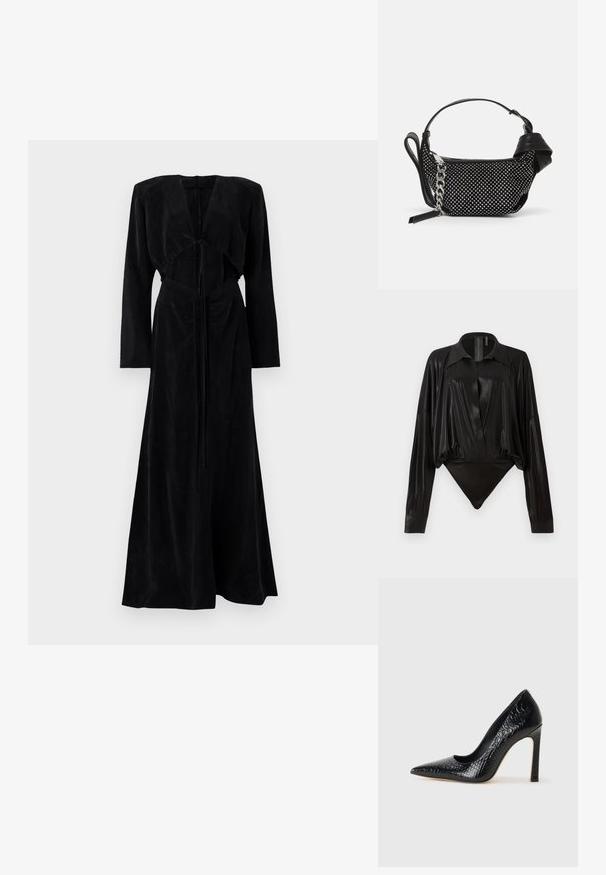 Czarna sukienka z długim rękawem, wykonana z miękkiego zamszu, z dopasowanym gorsetem, otwartym przodem i związanym akcentem w talii, przechodzącą w pełną spódnicę.; Czarny bodysuit z długimi rękawami, dekoltem w serek i dopasowanym fasonem. Wykonany z błyszczącego, gładkiego materiału z usztywnionym kołnierzykiem i mankietami.; Czarne szpilki z ostrym noskiem, pokryte teksturą skóry krokodyla, charakteryzujące się eleganckim wzornictwem, wysokim obcasem w stylu stiletto oraz gładkim czarnym wnętrzem.; Czarna torebka z ćwiekowanymi zdobieniami, łańcuszkowym paskiem i gładkim skórzanym uchwytem, o zaokrąglonym kształcie i zamykanej kieszeni.