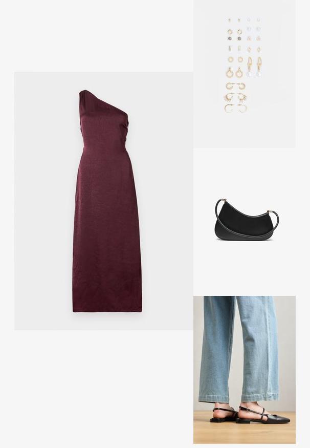 Ujj nélküli, egyvállas, földig érő estélyi ruha sötét bordó selyemből, diszkrét textúrával.; Fekete bőr szandálcipők hegyes orral, lapos sarokkal és bokapánttal; világoskék, bő szárú farmerrel viselve.; Fekete bőr válltáska ívelt dizájnnal, texturált pánttal és aranyszínű hardverelemekkel a felső záráson. Simára finomított felület.; Arany tónusú fülbevalók szettje, amely különféle mintákat tartalmaz, beleértve a stift fülbevalókat, karikákat és gyöngyökkel és strasszokkal díszített hosszú fülbevalókat.