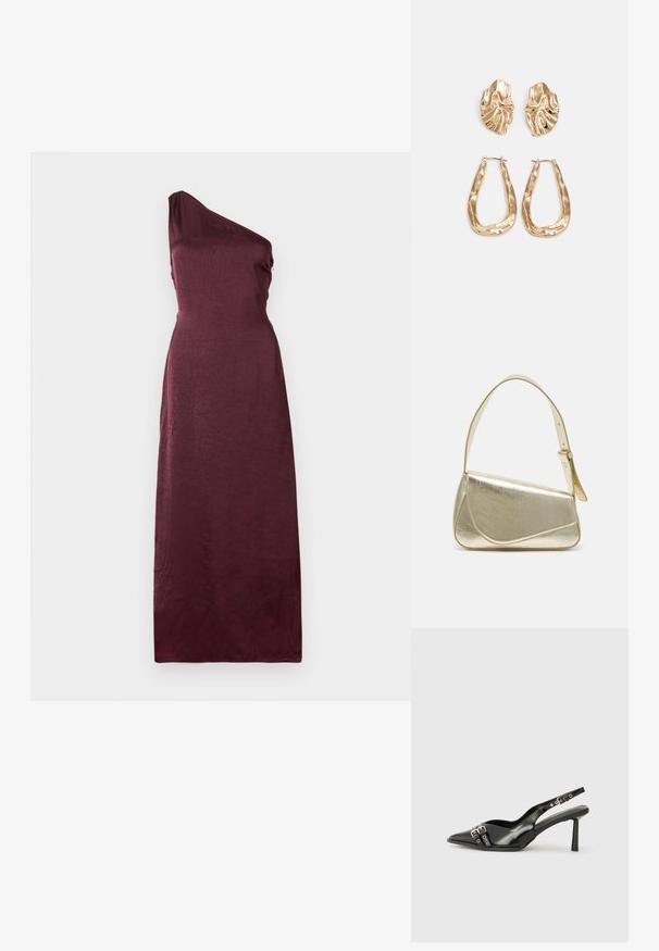 Mouwloze, een-schouder, vloerlange avondjurk in diep bordeauxsatin met een subtiel textuurpatroon.; Zwarte gepolijste leren slingback schoenen met een puntige neus, enkelbandjes met zilveren gespen en hardware, en een slanke hak.; Gouden metallic handtas met een gestructureerd ontwerp, gladde textuur en verstelbare schouderband. Kenmerkt zich door een unieke driehoekige vorm en minimalistische stiksels.; Gouden oorbellen met een getextureerd, golvend ontwerp. Bevat sculpturale clip-on studs en een open ringontwerp met een gehamerd oppervlak.