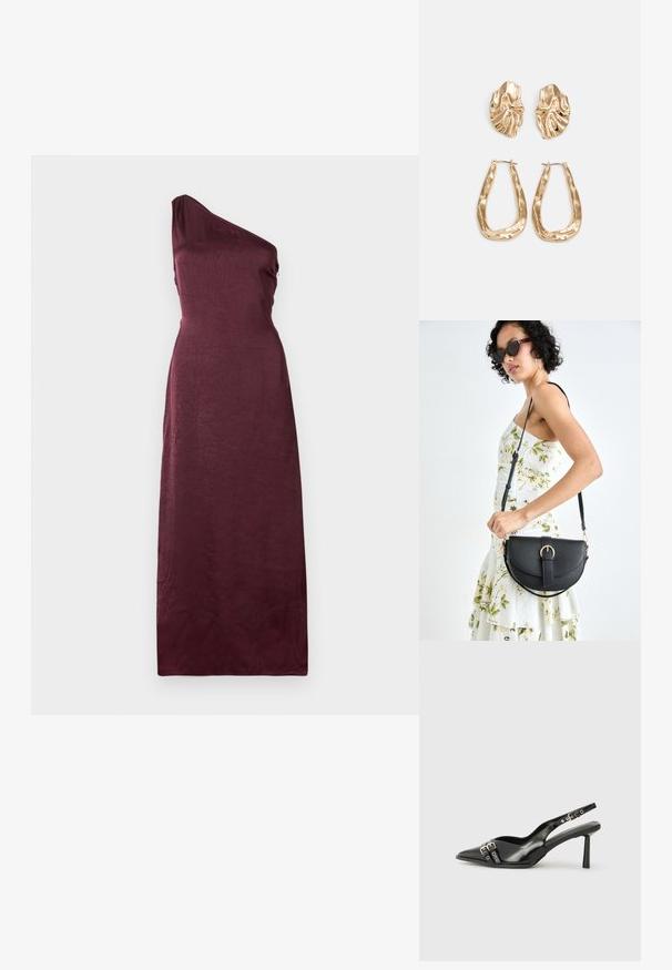 Ujj nélküli, egyvállas, földig érő estélyi ruha sötét bordó selyemből, diszkrét textúrával.; Fekete lakk bőr, hegyes orrú slingback cipő, boka pántokkal, ezüst csatokkal és hardverelemekkel, valamint karcsú sarkú.; Fekete bőrtáska ívelt formával, levehető pánttal és arany színű fémrészekkel. A táskán egy csattal díszített fedél található.; Aranyszínű fülbevalók, texturált, hullámos formákkal. Tartalmazza a szobrászati klipszes studokat és az open hoop kialakítást, kalapácsos felülettel.