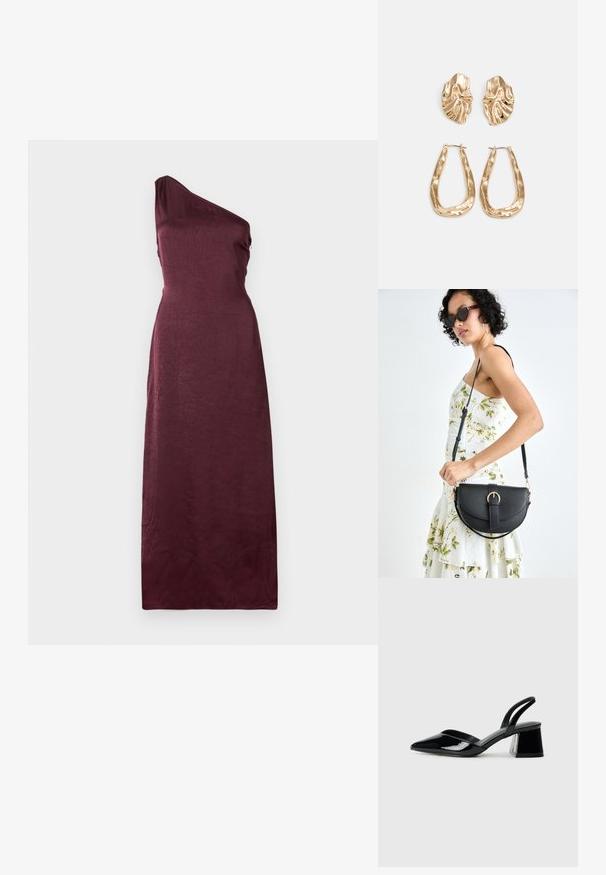 Rochie de seară fără mâneci, cu un singur umăr, până la podea, din satin de un burgund adânc, cu un model texturat subtil.; Pantofi cu toc slingback din piele lacuită neagră, cu vârf ascuțit și toc geometric. Prezintă un design elegant, minimalist și o textură netedă.; Geantă din piele neagră, cu o formă curbată, curea detașabilă și accesorii aurii. Geanta are un capac cu un detaliu tip cataramă.; Cercei aurii cu forme texturate și ondulate. Include studs sculpturale cu clip și un design de cerc deschis cu un finisaj cioplit.
