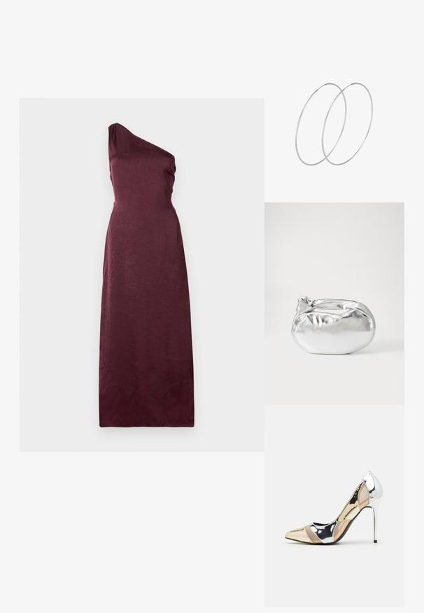 Varratut õlata, ühe õla kaelusega, põrandapikkune õhtukleit sügavas burgundi satiinis, millel on peen tekstuur.; Kitsas toe kõrge kontsaga kingad, millel on hõbedane, kuldne ja nude värvilahendus. Läikiv viimistlus lõikekujundusega, stiletto konts.; Hõbedane metallikoti kott pehme, ümar kuju ja sõlme ülemise sulgemisega. Valmistatud siledast kunstnahast materjalist.; Hõbedased rõngastikkaehingad minimalistlikus disainis. Ümar kuju, sile tekstuur ja õhuke profiil. Kerged ning poleeritud viimistlusega.