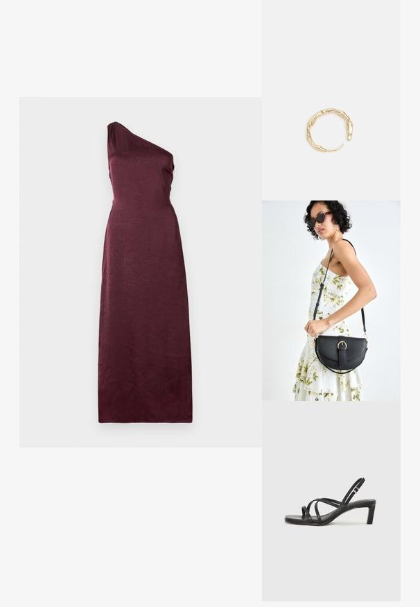 Bezramenné, jednoramenné večerné šaty s dĺžkou po zem v hlbokej burgundskej saténe s jemným textúrovaným vzorom.; Čierne sandále na vysokom podpätku so štvorcovou špičkou a nízkym blokovým podpätkom. Obsahujú viacero tenkých popruhov a nastaviteľný členkový popruh. Vyrobené z hladkej kože.; Čierna kožená kabelka s zaobleným tvarom, odnímateľným popruhom a zlatými doplnkami. Kabelka má klopu s detailom s prackou.; Prsteň v zlatej farbe s organickým, skrúteným dizajnom, hladkým povrchom a zužujúcimi sa koncami, vytvárajúci moderný, sochársky vzhľad.