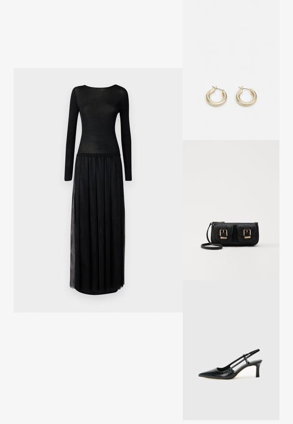 Black dress with a fitted long-sleeve top made of sheer material, transitioning to a flowing maxi skirt with side slits.; Black patent slingback heel with a pointed toe, featuring textured snake print, adjustable strap, and a short, textured block heel.; Black leather crossbody bag with two front pockets, gold buckles, zipper closure, and a slim strap. Textured surface and compact rectangular shape.; Lauren Ralph Lauren BASIC SMALL HOOP - Earrings - gold-coloured