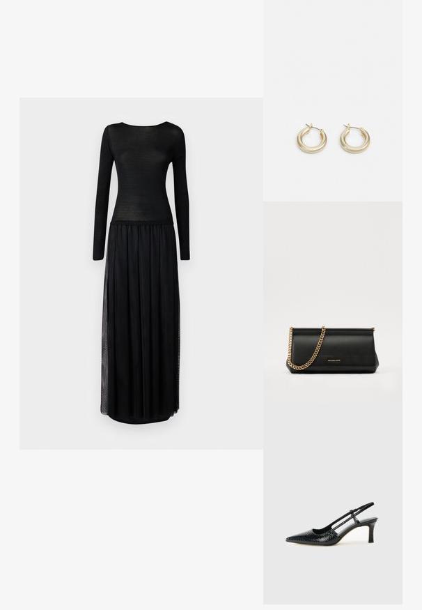 Abito nero con un top aderente a maniche lunghe in materiale trasparente, che si trasforma in una gonna maxi fluida con fessure laterali.; Slingback con tacco in vernice nera con punta affusolata, caratterizzato da una stampa a serpente testurizzata, cinturino regolabile e un tacco corto e testurizzato.; Clutch bag in pelle nera con tracolla in catena dorata, caratterizzato da una superficie liscia, forma rettangolare e branding in rilievo sul davanti.; Lauren Ralph Lauren BASIC SMALL HOOP - Orecchini - gold-coloured