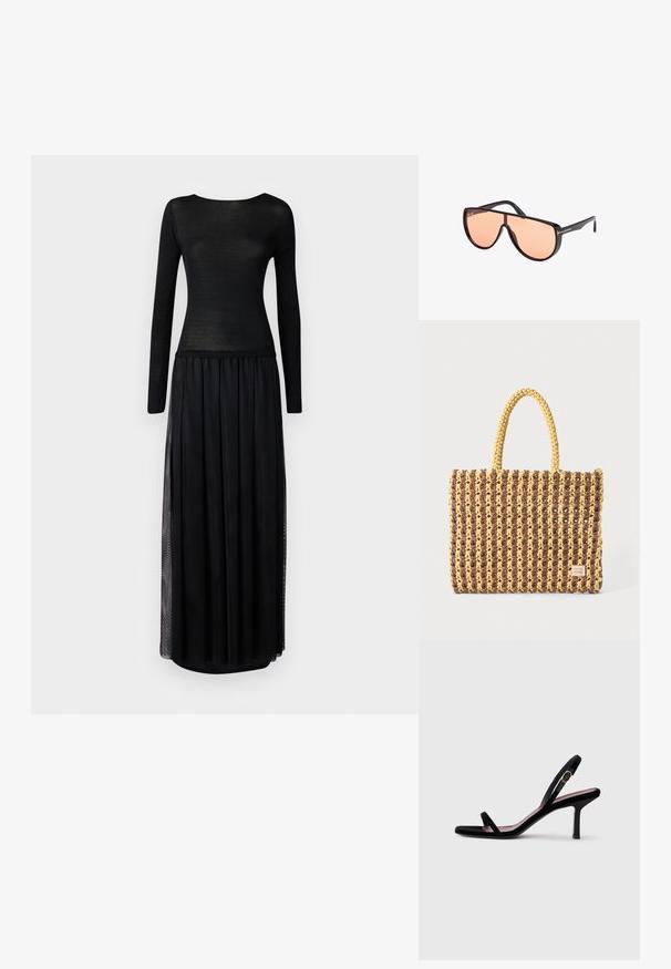 Zwarte jurk met een aansluitend top met lange mouwen van doorschijnend materiaal, overgaand in een vloeiende maxi-rok met zijsplitten.; Zwarte suede dames hooggehakte sandaal met smalle bandjes en een gouden gesp op een witte achtergrond, zijaanzicht.; Tom Ford ACHILLES - Zonnebril - black brown; Geweven tas in bruin en geel, met een rechthoekige vorm, twee handvatten en een textuurafwerking met zichtbare stiksels en een merketiket.