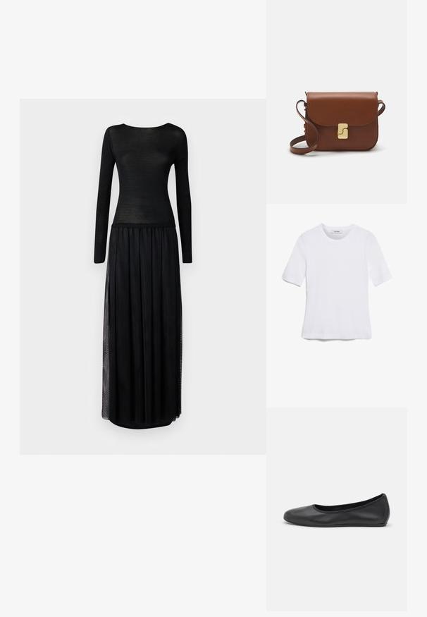 Schwarzes Kleid mit einem enganliegenden Langarmoberteil aus transparenter Stoff, das in einen fließenden Maxikleid mit seitlichen Schlitzen übergeht.; Weißes kurzärmliges T-Shirt aus geripptem Stoff. Runder Halsausschnitt, normale Passform und dezente Nähte. Keine Muster oder Grafiken.; Schwarze Leder-Ballettschuhe mit abgerundeter Spitze, glatter Textur, minimalen Nähdetails und einem flexiblen Sohlen-Design.; Braune Ledertasche mit Klappenverschluss, Beschlägen in Goldfarbe, einem Schultergurt und einer glatten Oberfläche. Kompakte rechteckige Form.