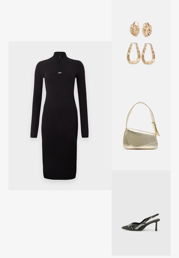 Crna dugorukava haljina s rebrastim uzorkom, s ovratnikom na pola zatvarača i prilagođenim siluetom, koja sadrži mali logo na prsima. Glatka tekstura.; Crna lakirana slingback cipela s izduženim vrhom, remenčićima oko gležnja s srebrnim kopčama i dijelovima, te vitkim potplatom.; Zlatna metalna torba s uređenim dizajnom, glatkom teksturom i podesivim remenom. Ima jedinstven trokutasti oblik i minimalističko šivanje.; Naušnice zlatne boje s teksturiranim, valovitim oblicima. Uključuju skulpturalne kopče i dizajn otvorene kružnice s kovanom završnom obradom.