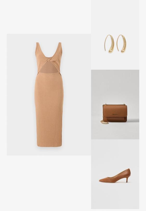 Rudo midi suknelė smėlio spalvos, turinti gilų V formos iškirpimą, išpjovimą vidurinėje dalyje ir prigludusią siluetą su tiesiu apvadu.; Lauren Ralph Lauren ADRIENNE - Klasikiniai aukštakulniai - deep saddle tan; Ruda tekstūruota odinė per petį nešama rankinė su auksiniu grandininiu dirželiu ir užlenkiamo užsegimo. Priekinėje pusėje yra logotipo detalė ir kišenė po užlenkimu.; Auksinės metalinės auskarų kabės su lenktą, pailgą forma. Turi lygų, blizgantį paviršių ir užapvalintą galiuką papildomam akcentui.