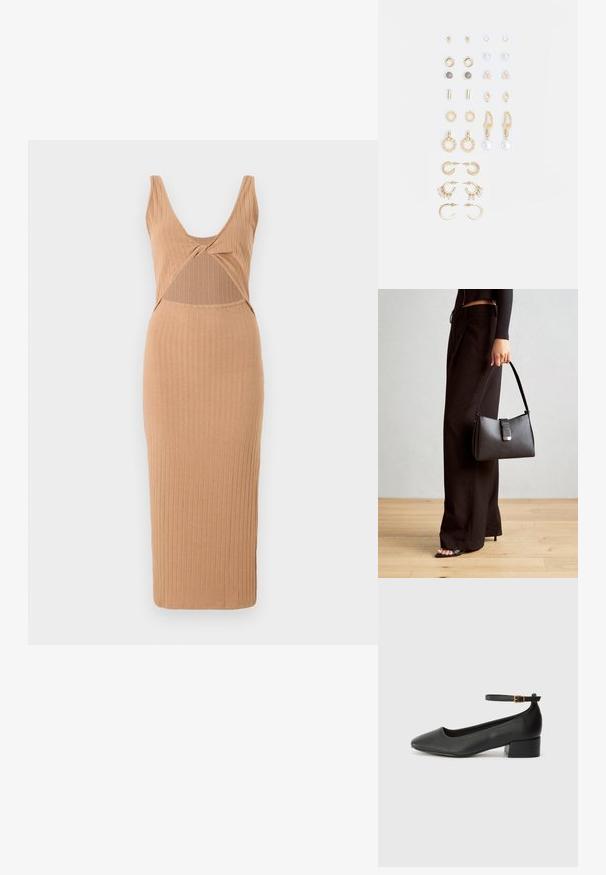 Ribbed midi dress in tan, featuring a deep V-neck, cut-out detail across the midsection, and a fitted silhouette with a straight hem.; Black leather pump with a pointed toe and a low block heel. Features an ankle strap with a gold-tone buckle. Smooth texture.; Black handbag with structured shape, smooth texture, and a metallic clasp. Paired with wide black pants and open-toe sandals on wooden floor.; Set of gold-tone earrings featuring various designs, including studs, hoops, and dangling pieces with pearls and rhinestones.