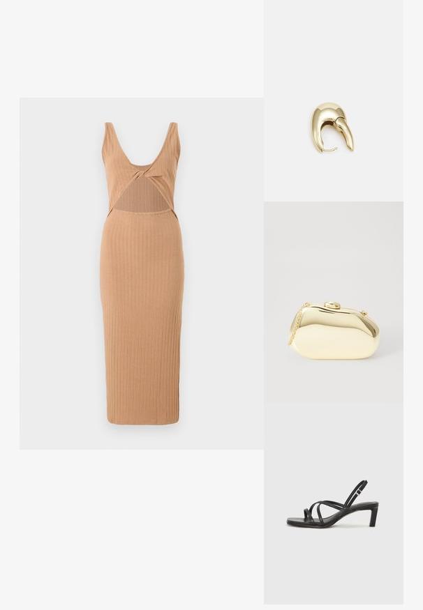 Rudo midi suknelė smėlio spalvos, turinti gilų V formos iškirpimą, išpjovimą vidurinėje dalyje ir prigludusią siluetą su tiesiu apvadu.; Juodi šlepetės su kvadratiniu pirštu ir žemu bloku kulnu. Yra keli ploni dirželiai ir reguliuojamas kulkšnies diržas. Pagaminti iš lygios odos.; Metalinis auksinis rankinukas su glotnia, suapvalinta forma, turintis viršutinį mygtuko užsegimą ir mažą grandinėlės dirželį nešiojimui.; Aukso tono metalinės auskarai su stilingu, kreiviu dizainu. Išsiskiria ryškiu smailiu pavidalu, poliruota paviršiumi ir užsegimu su vyriu.