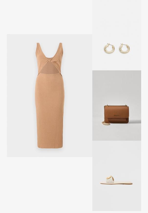 Ripp-midi-Kleid in Tan, mit tiefem V-Ausschnitt, Ausschnitt-Detail im Mittelteil und einer figurschmeichelnden Silhouette mit geradem Saum.; Pantoffel mit einem beigen Riemen mit geometrischem Muster, einem abgerundeten gelben Akzent auf dem Obermaterial und einer flachen, hellen Sohle.; Braune strukturierte Ledertasche mit goldener Kettenriemen und Klappenverschluss. Die Vorderseite zeigt ein Logo-Detail und eine Tasche unter der Klappe.; Lauren Ralph Lauren BASIC SMALL HOOP - Ohrringe - gold-coloured