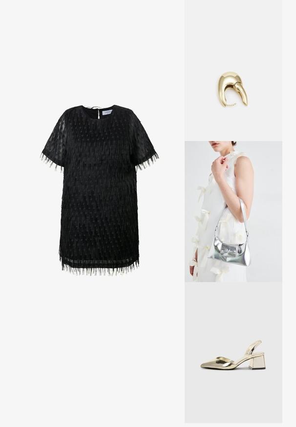 Schwarzes kurzärmeliges Kleid mit strukturiertem Fransendesign, Rundhalsausschnitt und Schlüsselkerbe am Rücken. Leichter, transparenter Stoff.; Goldene, metallische Slingback-Absätze mit spitzem Zeh und dicker Ferse. Glatte Textur, minimalistisches Design und ein schmaler Riemen.; Silberne metallische Handtasche mit strukturierter Form, ausgestattet mit einem oberen Griff und einer Schleifenapplikation auf der Vorderseite. Glatte Textur, reflektierendes Finish.; Ohrringe aus goldfarbenem Metall mit einem schlanken, geschwungenen Design. Sie verfügen über eine markante, spitze Form, eine polierte Oberfläche und einen Scharnierverschluss.
