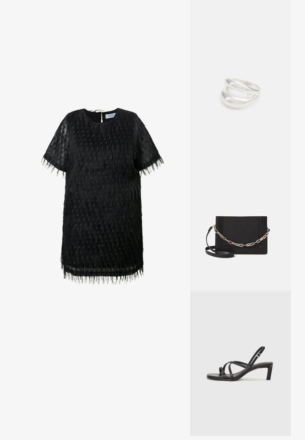 Vestido negro de manga corta con un diseño de flecos texturizados, con un escote redondo y detalle de ojal en la parte posterior. Tejido ligero y transparente.; Sandalia negra de tiras con punta cuadrada y tacón bajo de bloque. Presenta múltiples tiras delgadas y una correa ajustable en el tobillo. Fabricada en cuero suave.; Bolso cruzado de piel negra con textura suave, forma rectangular y un detalle de cadena metálica en el frente. Incluye una correa ajustable.; Anillo de plata de doble banda con una superficie lisa y pulida. Presenta un diseño fluido y curvado con secciones superpuestas para un aspecto moderno.
