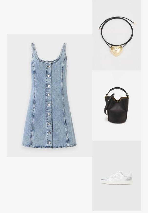 Rochie din denim cu decolteu rotund și bretele subțiri. Material de culoare albastru deschis, formă in A, cu nasturi frontali și detalii de cusătură vizibile.; Tenisi albi cu accente metalice argintii, textură netedă, vârf rotund, talpă plată și design tradițional cu șireturi.; Geantă din piele neagră în stil bucket, cu un finisaj texturat, accente din metal auriu și un compartiment deschis. Dispune de o mânere scurtă și un curea de umăr ajustabilă.; Colier din cordon împletit negru, având un pandantiv în formă de inimă din aur lucios, cu curbe fine și o finisare strălucitoare.