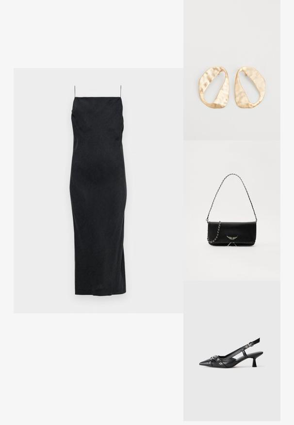 Melnā slīpē jāņa ar plānām spageti siksnām, pieguļošs siluets, vidēja garuma, sānu šķēršļa un strukturēta auduma ar smalku rakstu.; Melnas ādas šlipsveida kurpes ar norādītu purngalu, dekoratīvām joslām ar metāla acīm un zemu bloku papēdi. Teksturēta virsma.; Melnas ādas rokassomā ar sudraba ķēdes siksnu, kurai ir dekoratīvi spārnu akcenti un baltā šuvēšana apakšējā šuvē.; Pāris neregulāras ovālas formas zelta toņos metāla auskaru ar teksturētu, nedaudz sitētu virsmu uz baltas fona.