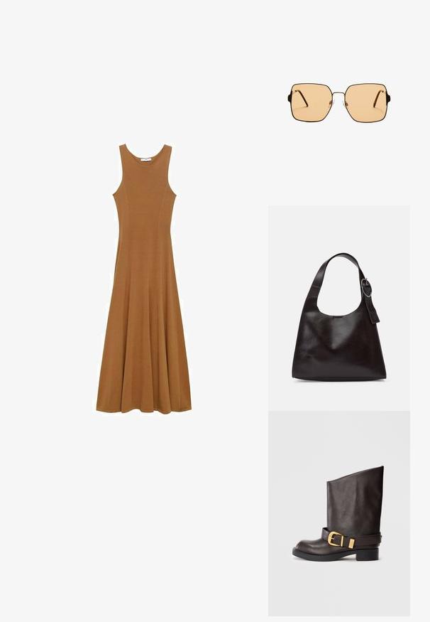 Brązowa, bezrękawna sukienka maxi wykonana z miękkiego materiału, z dopasowaną górą i rozkloszowanym dołem. Prosty fason bez widocznych wzorów czy akcentów.; Ciemnobrązowe skórzane botki sięgające do połowy łydki, z czarną podeszwą, niskim obcasem oraz dekoracyjnym złotym paskiem z klamrą wokół kostki, pokazane z boku.; Kwadratowe okulary przeciwsłoneczne z brązowymi soczewkami i cienką, czarną metalową oprawą. Posiadają skośne zauszniki i regulowane noski dla większego komfortu.; Brązowa skórzana torba na ramię o gładkiej teksturze, zaokrąglonym kształcie, szerokim pasku i okrąłym metalowym akcentem na uchwycie.