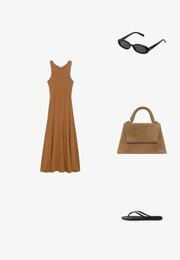 Smeđa maksi haljina bez rukava napravljena od meke tkanine, s prilagođenim korzetom i raširenom suknjom. Jednostavan dizajn bez vidljivih uzoraka ili detalja.; Crne japanke s teksturiranom gumenenom potplatom, dva uska remena i suptilnim, urezanim logom na remenu.; Crne velike sunčane naočale s ovalnim staklima, glatkim plastičnim okvirom i zlatnim detaljima na sljepočnicama. Tamna stakla pružaju zaštitu od sunca.; Smeđi nubuk torbica sa strukturom u obliku trokuta, sa ručkom na vrhu i preklopom. Ima suptilni detalj sa logotipom sa strane.