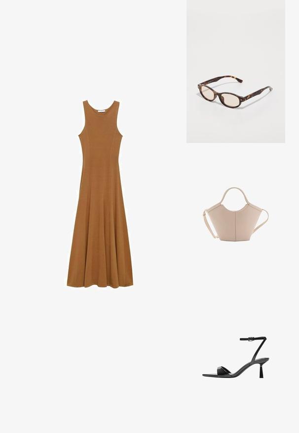 Hnedé bezrukávové maxi šaty vyrobené z jemného materiálu, s priliehavým telom a rozšírenou sukňou. Jednoduchý dizajn bez viditeľných vzorov alebo akcentov.; Bershka Sandále na vysokom opätku - black; Kocúrkové slnečné okuliare s guľatým tvarom a svetlými sklami. Majú robustné ramená s malými zlatými akcentmi, vyrobené z plastového materiálu.; Béžová kožená kabelka s unikátnym tvarom, vybavená dvoma krátkymi uchami a jedným dlhým nastaviteľným popruhom. Hladký povrch s minimálnym kovovým príslušenstvom.