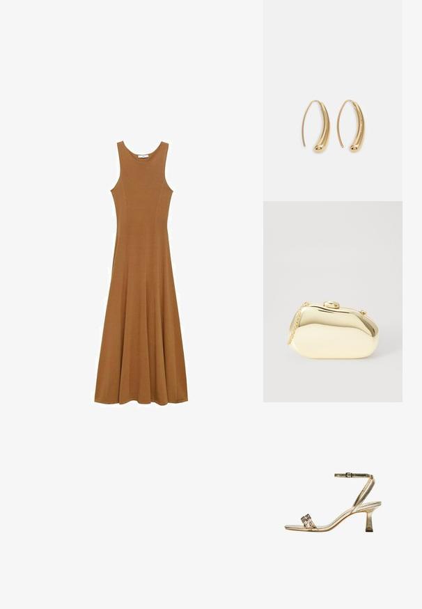 Hnědá bezrukávová maxi šaty vyrobené z měkké tkaniny, s přiléhavým korzetem a rozšířenou sukní. Jednoduchý design bez viditelných vzorů nebo akcentů.; Zlaté metalické sandály na vysokém podpatku s kotníkovým páskem, dvěma úzkými předními pásky a blokovým podpatkem. Obsahují ozdobné prvky.; Metalická zlatá kabelka s hladkým, zaobleným tvarem, opatřená horním zapínáním na knoflík a malým řetízkovým popruhem pro nošení.; Náušnice ve tvaru kruhu z pozlaceného kovu s vroubkovaným, prodlouženým tvarem. Mají hladký, lesklý povrch a zaoblený konec pro zvýraznění detailu.