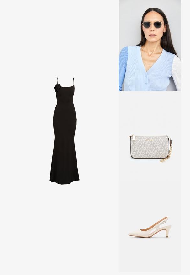 Svart, figursydd, ärmlös klänning med en blommig detalj på ena axeln, tillverkad av ett slätt tyg, med vid kjolfåll.; Vit slingbackklack med spetsig tå, slät ovandel, låg blockklack och sidoutskärning med justerbar spänne.; Runda solglasögon med mörka linser och guldramar. Modellen bär en ljusblå, ribbad cardigan med knappar och kontrasterande vita ärmar.; Michael Kors handledos i beige belagd kanvas med ett upprepande MK-logomönster, gyllene detaljer och ett avtagbart kedjehandtag.