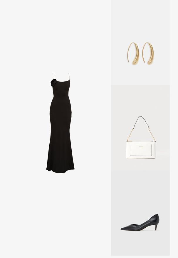 Črna, telo oprijeta, brezrokavna obleka z cvetličnim poudarkom na enem rami, izdelana iz gladkega blaga, z razširjenim robom.; Črni usnjeni čevelj s koničastim prstom in nizkim tihim peto. Ima gladko teksturo in subtilen lesk. Spredaj odprt izrez za dodaten detajl.; Bela usnjena torbica z teksturirano površino, ki vključuje zlat pas in črne detajle. Ima sprednji žep in zadrgo.; Zlato-tonirani kovinski uhani v obliki obroča s krivuljo in podolgovato obliko. Imajo gladko, sijočo površino in zaobljen vrh za dodaten detajl.