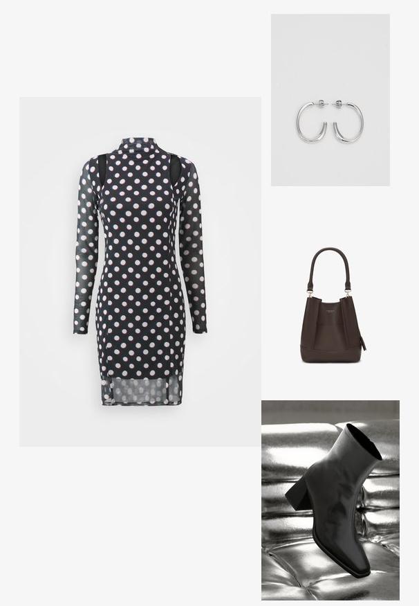 Ilga rankovė juoda suknelė su baltais ir raudonais taškais, aukštu apykakle, išpjautomis petnešomis ir šiek tiek permatomu tekstūru.; Juodos kulkšnies botai, pagaminti iš blizgaus medžiagos, su kvadratine padu ir siauru kulnu, prieš blizgiai sidabrinį pūsto audinio foną.; Carlheim ADALINE - Rankinė - brown; Sidabrinės auskarai žiedai su lygiu, blizgiu paviršiumi. Suapvalinta forma, lengvas dizainas, su uždarymu ant smeigtuko.