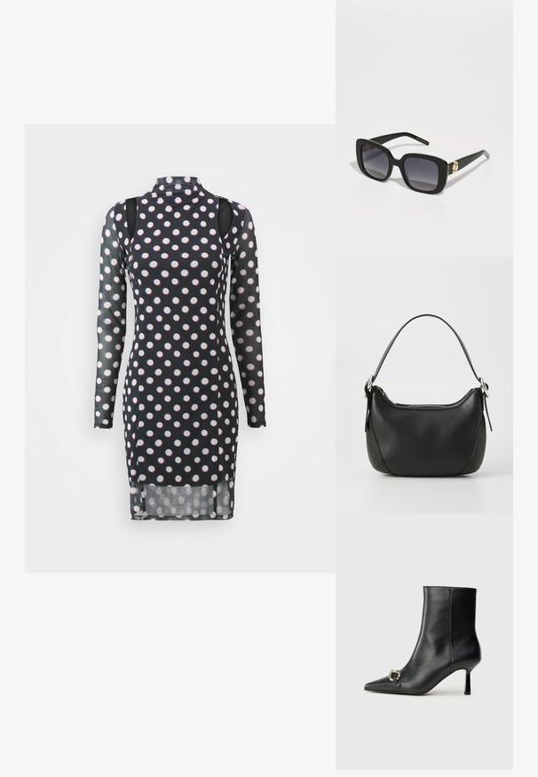 Long-sleeve black dress featuring white and red polka dots, high collar, cutout shoulders, and a slightly sheer texture.; Black leather ankle boot with pointed toe, slim mid-height heel, and silver buckle detail on side against plain background.; BOSS Sunglasses - black; Black leather handbag with a curved shape, silver zipper, and a short handle. Features a subtle logo on the front and smooth texture.