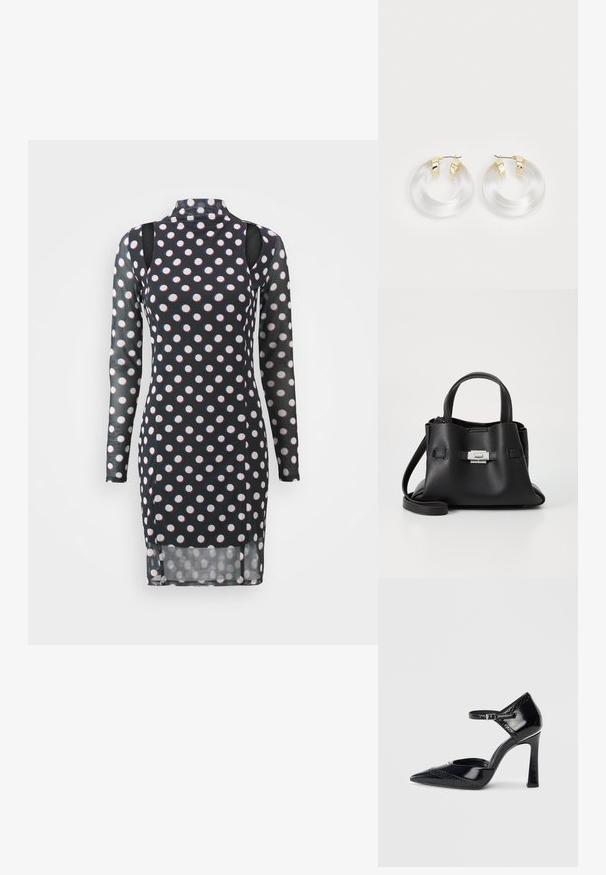 Robe noire à manches longues avec des pois blancs et rouges, col haut, épaules dégagées et une texture légèrement transparente.; Chaussure à talon haut en cuir verni noir avec un bout pointu, une bride de cheville et des détails perforés décoratifs le long du bord.; Sac à main en cuir noir avec une finition texturée, doté de deux poignées supérieures, d'une bandoulière amovible et d'un détail de fermoir en argent.; Boucles d'oreilles en acrylique transparent avec des accents en métal doré et une finition polie. Présente un design circulaire lisse.
