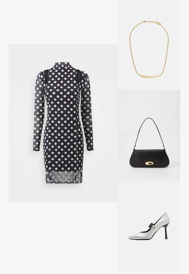 Hosszú ujjú fekete ruha, fehér és piros pöttyökkel, magas gallérral, kivágott vállakkal és enyhén áttetsző anyaggal.; Ezüst bőr magassarkú cipő, hegyes orral, fekete szíjjal kiemelve és fényes felülettel, vékony sarkával és elegáns vonalvezetéssel.; Fekete bőr táska ívelt kialakítással, arany színű fémrészletekkel és felső fogantyúval. Csúszásmentes záródás és sima textúra jellemzi.; Aranyozott nyaklánc sima, ívelt középső díszítéssel. Rugalmas lánccal rendelkezik, homárzárral és további állítható láncszemekkel.