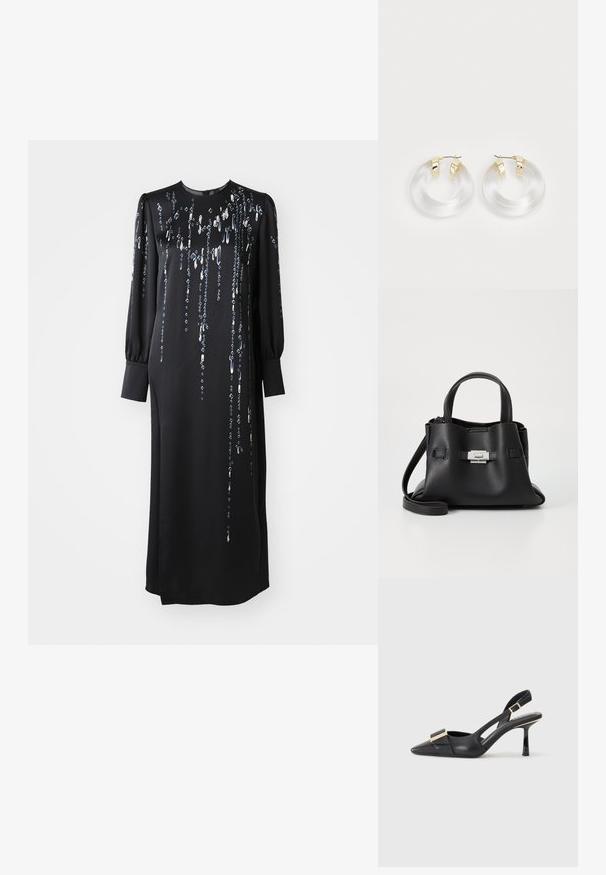 Crna haljina dugih rukava s okruglim izrezom, ukrašena vertikalnim linijama metalnih sequina i bočnim prorezom za dodatnu pokretljivost.; Crne kožne slingback cipele s šiljastim nosom, tankim potplatom i zlatnim detaljima na prednjem dijelu. Glatka tekstura i strukturirani dizajn.; Crna kožna torba s teksturiranim završnim obradom, koja ima dva gornja ručka, odvojivu naramenicu i detalj s srebrnim kopčanjem.; Prozirne akrilne naušnice u obliku prstena s akcentima od zlatnog metala i poliranim završetkom. Imaju glatak, okrugli dizajn.