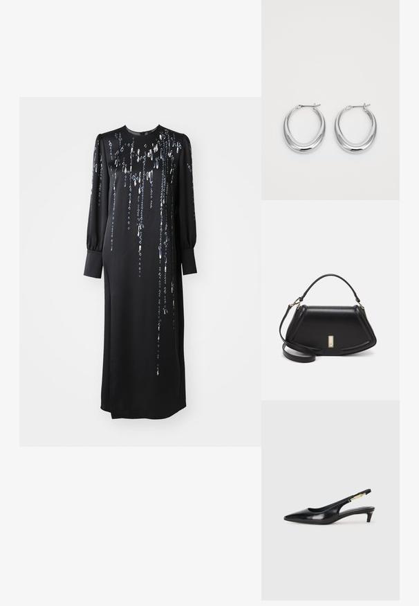 Zwart langemouwen jurk met een ronde hals, versierd met verticale lijnen van metalen pailletten en een zijsplit voor extra beweging.; Zwarte leren slingback hakken met een spitse neus, voorzien van een slanke hak en een goudkleurige accent op de verstelbare band. Gladde textuur.; Zwarte leren handtas met een gestructureerd ontwerp, featuring een verkorte vorm, bovenhandvat en gouden hardwareaccent. Inclusief verstelbare schouderband.; Een paar gepolijste zilveren halvmaan-hoepeloorbelletjes met scharnier-sluitingen op een witte achtergrond.