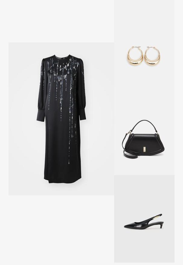 Schwarzes Langarmkleid mit rundem Ausschnitt, verziert mit vertikalen Linien aus metallicfarbenen Pailletten und einem seitlichen Schlitz für zusätzlichen Schwung.; Schwarze Leder-Slingback-Pumps mit spitzem Schuhblatt, ausgestattet mit einem schlanken Absatz und einem goldfarbigen Akzent am verstellbaren Riemen. Glatte Textur.; Schwarze Lederhandtasche mit einem strukturierten Design, das eine verkürzte Form, einen oberen Griff und goldfarbene Hardware-Details aufweist. Verstellbarer Schulterriemen ist enthalten.; Goldfarbene Creolen mit einer Halbmondform, polierter Oberfläche und Scharnierverschluss. Die glatte Textur und der reflektierende Finish verbessern die Sichtbarkeit.