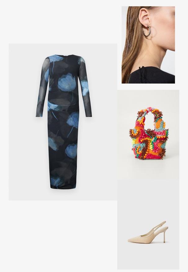 Sukienka z długim rękawem z przezroczystej czarnej tkaniny z niebieskim kwiatowym wzorem. Dopasowany fason z marszczonym pasem i prostą sylwetką sięgającą kostek.; Beżowe szpilki typu slingback z wąskim noskiem, wykonane z teksturowanego materiału, z cienką piętą i regulowanym paskiem.; Torebka z koralikami w żywych kolorach: różowym, pomarańczowym, niebieskim i brązowym. Teksturowana powierzchnia z okrągłymi koralikami i organicznymi kształtami, mocne uchwyty.; Srebrny kolczyk w kształcie koła z polerowanym wykończeniem, z małymi złotymi akcentami, noszony na płatku ucha.