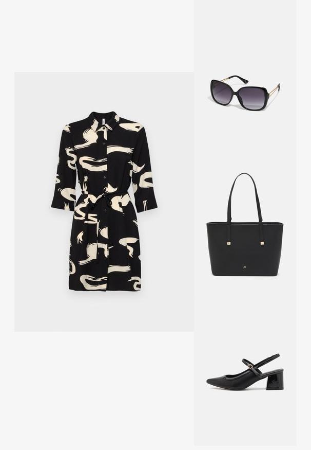 Svart skjortklänning med abstrakta krämfärgade mönster, knappframsida, krage och trekvartsärmar. Inkluderar ett matchande knytbälte för att cincha in.; Svarta lackläder slingback-klackar med spetsig tå, en rundad utskärning och en blockklack. Utsmyckad med en spänne i guldton.; Svarta överdimensionerade solglasögon med gradientlinser, tjocka bågar och kedjedetaljer i guldton vid tempelarmarna.; Svart tote-väska i syntetmaterial, med en enkel rektangulär design, gyllene fyrkantiga detaljer och dubbla handtag.