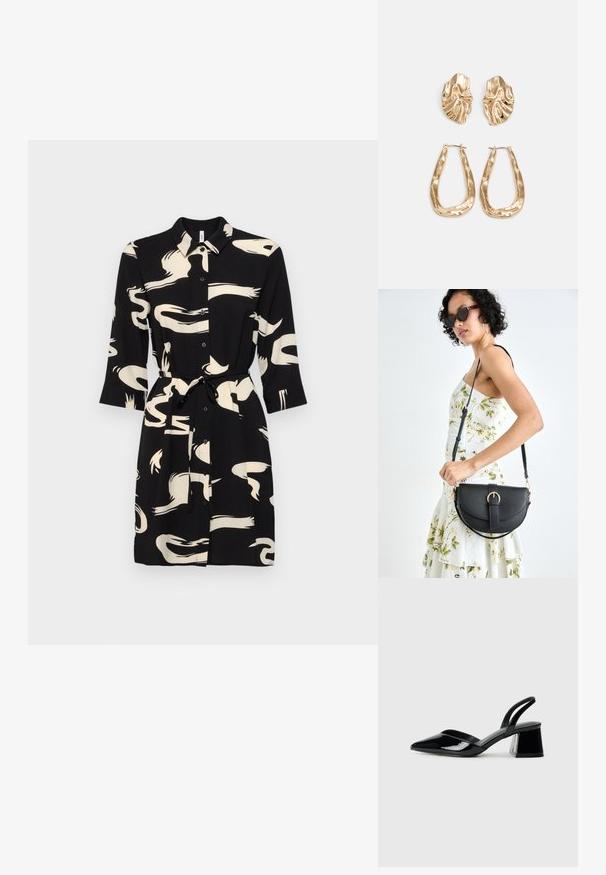 Vestido preto com padrões abstratos em creme, com botões na frente, gola e mangas três-quartos. Inclui um cinto atado correspondente para ajustar.; Sandy em verniz preto com salto slingback, ponta afilada e salto geométrico. Apresenta um design elegante e minimalista com textura suave.; Bolsa de couro preta com forma curva, alça destacável e detalhes em dourado. A bolsa possui uma aba com detalhe de fivela.; Brincos em tom de ouro com formas onduladas e texturizadas. Inclui studs escultóricos com presilha e um design de argola aberta com um acabamento martelado.