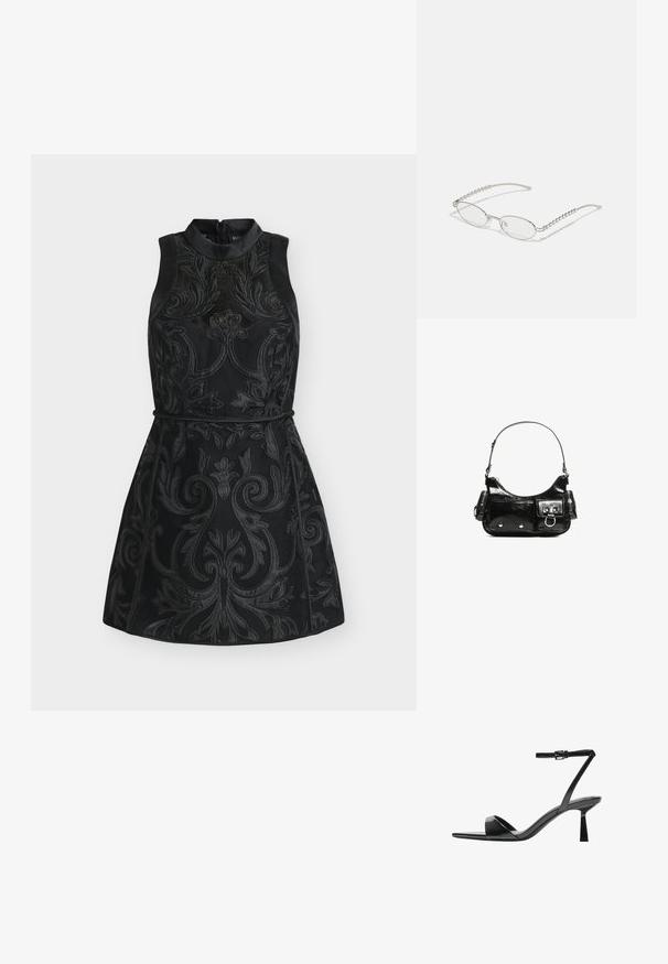 Musta hihaton mekko korkealla kaula-aukolla, jossa on monimutkaiset kukkakuvioidut kohokuvioinnit ja vartalonmyötäinen vyötärö. Vetoketju suljetaan takaa.; Bershka Korolliset sandaalit - black; Silmät ovalit metalliväriset hopeakehyksiset, kirkkailla linsseillä ja tekstuurilla varustetuilla helmille. Kevyt muotoilu kaarevilla varsilla.; Mustekko mustasta kiiltonahasta valmistettu käsilaukku, jossa on kaareva muoto, yksi olkahihna, etutaskut ja hopeanväriset yksityiskohdat.